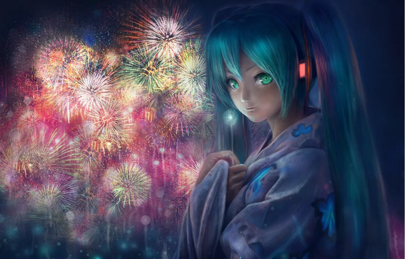 Photo wallpaper fireworks, vocaloid, hatsune miku