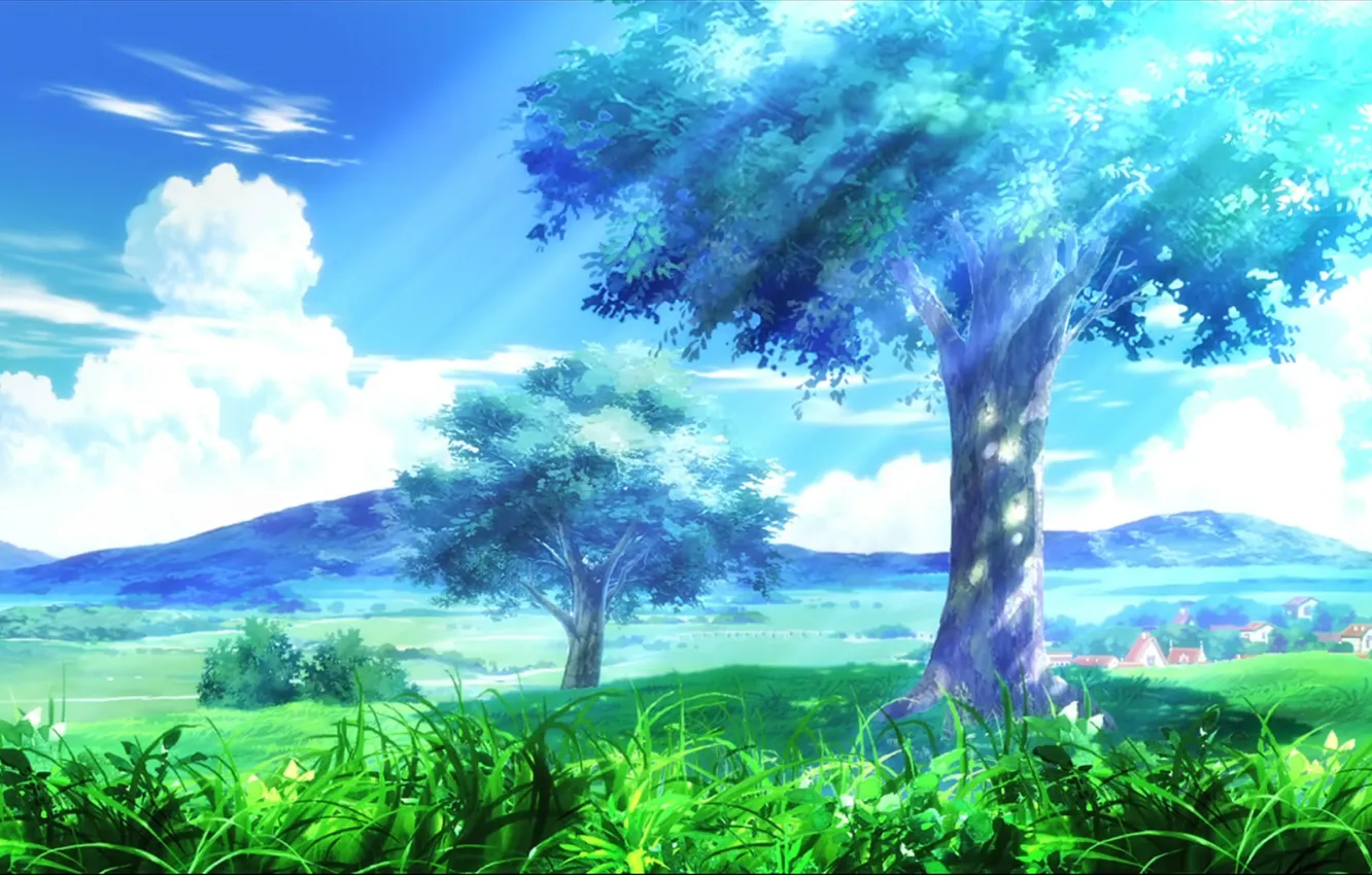 Wallpaper the sky, grass, clouds, trees, landscape, mountains, the city,  Anime images for desktop, section прочее - download