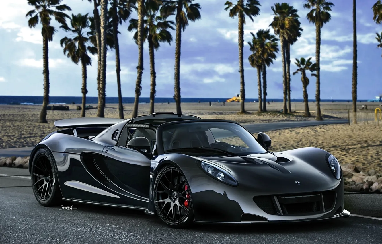 Photo wallpaper beach, the sky, palm trees, black, supercar, Spyder, the front, Hennessey, hypercar, Spider, Venom, Hennessy, …