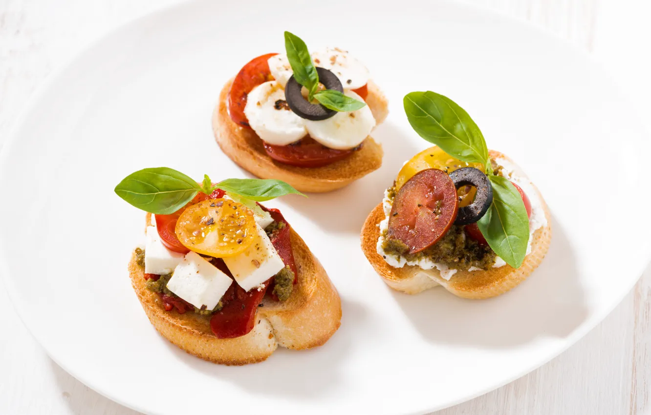 Photo wallpaper mini, cheese, tomatoes, olives, sandwiches, appetizer, Basil, feta