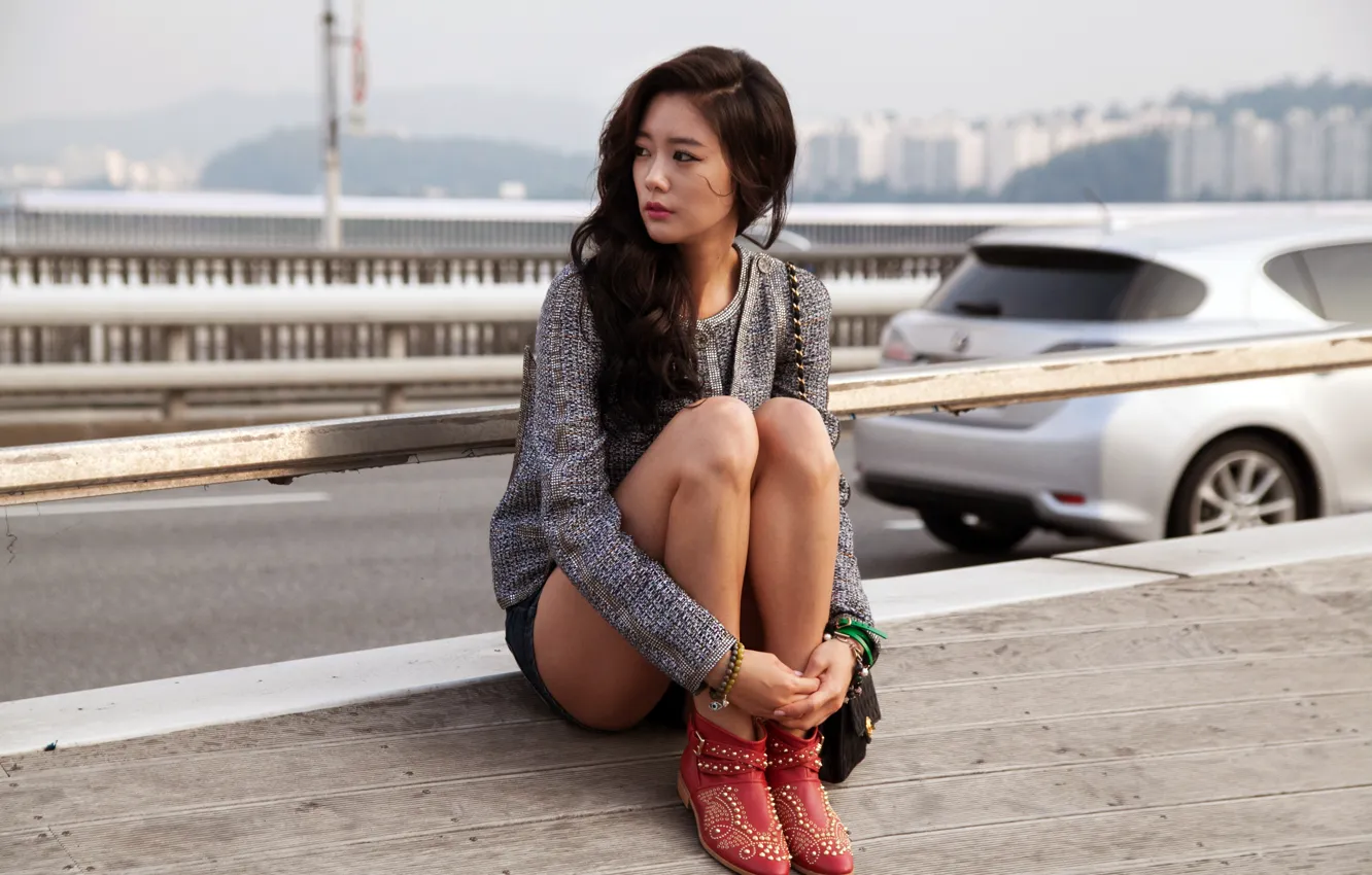 Photo wallpaper road, auto, girl, model, actress, Asian, k-pop, South Korea, Lee Clara