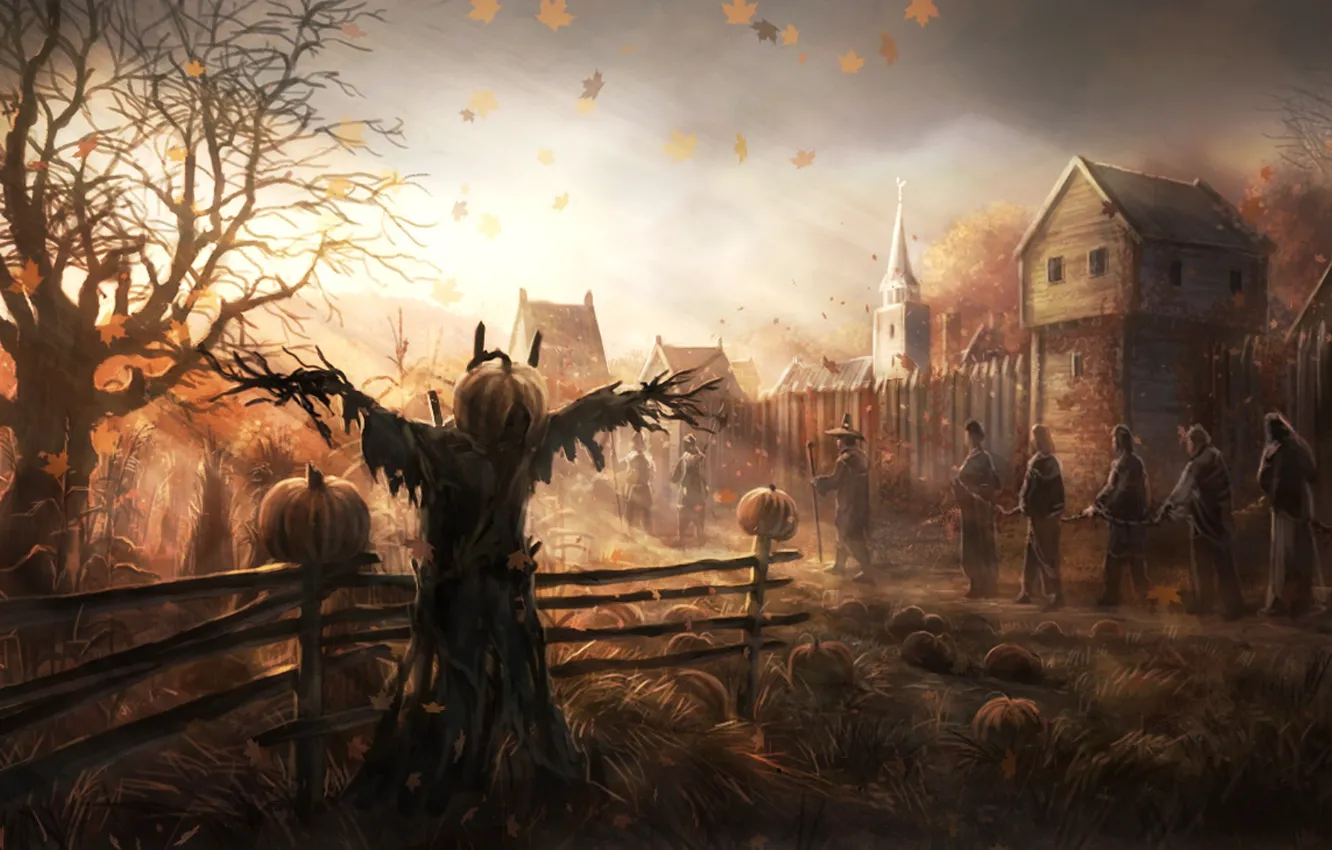 Photo wallpaper autumn, leaves, trees, people, the wind, home, art, Church, pumpkin, fences, Scarecrow, the garden, prisoners