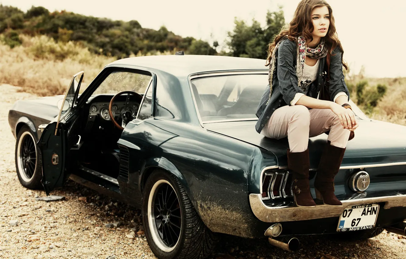 Photo wallpaper road, machine, girl, model, mustang, Mustang, car, ford, Ford, gravel, 1967