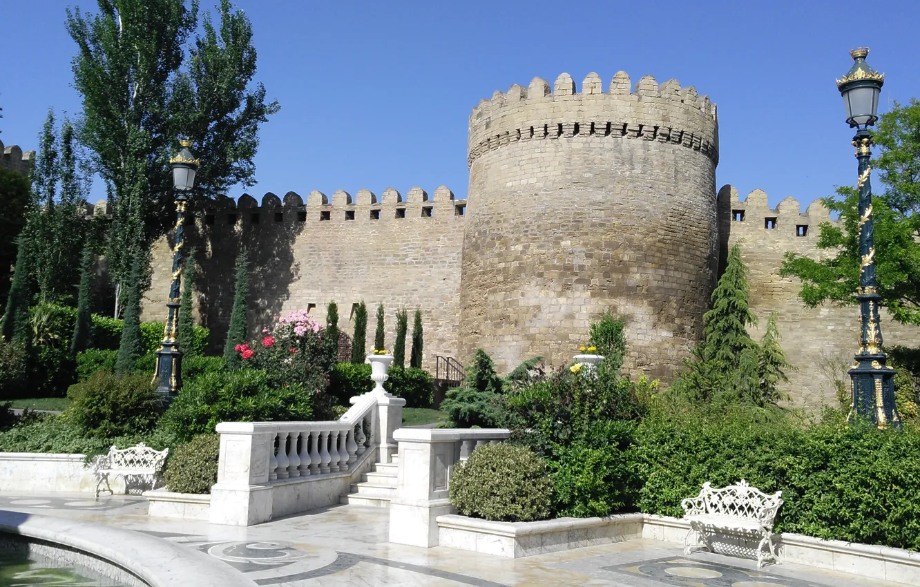 Photo wallpaper summer, Park, tower, lights, summer, fortress, tower, park, Azerbaijan, Azerbaijan, Baku, Baku, The Governor's garden