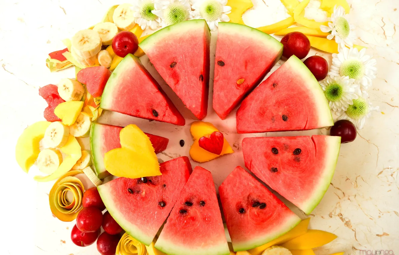 Photo wallpaper watermelon, fruit, mango, banana, plum