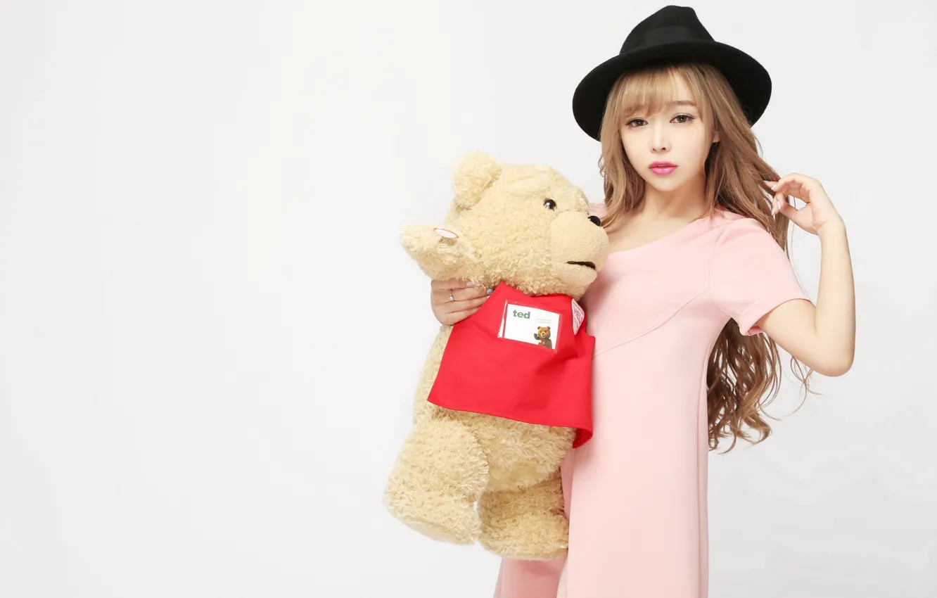 Photo wallpaper girl, mood, toy, hat, bear