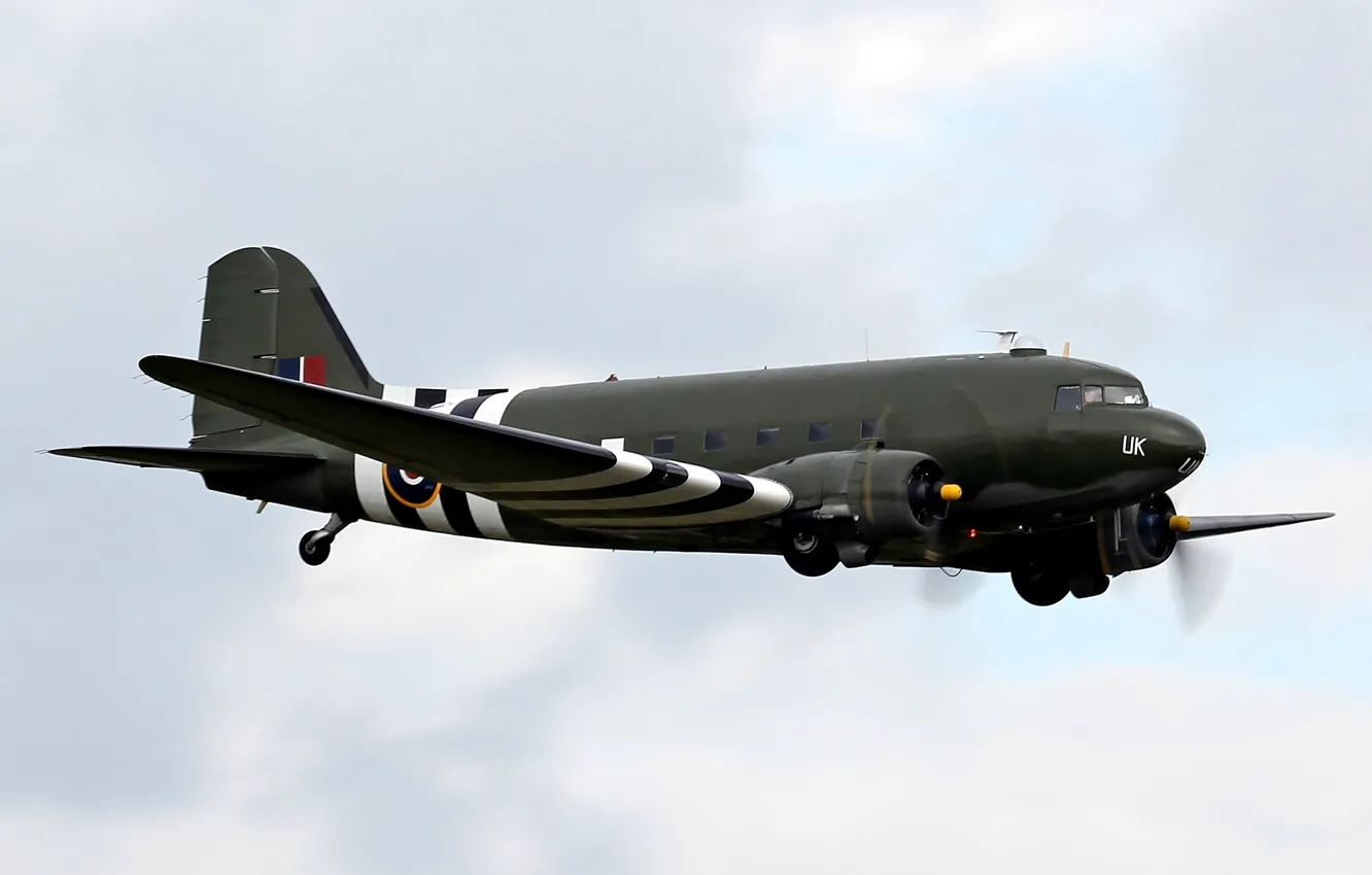 Photo wallpaper the sky, flight, American, military transport aircraft, WW2, Douglas C-47 "Dakota"