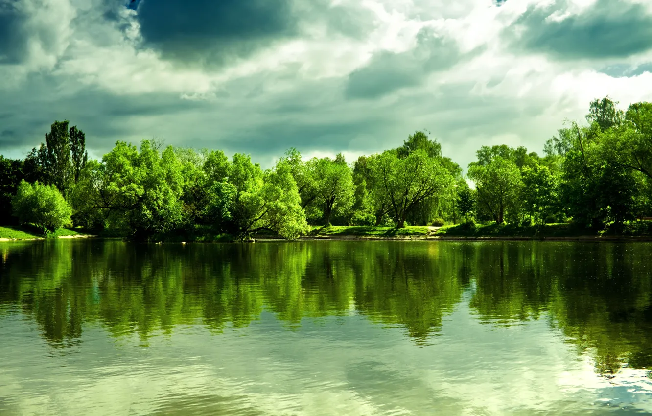 Photo wallpaper clouds, trees, lake, reflection, shore, dense, Beautiful lake picture