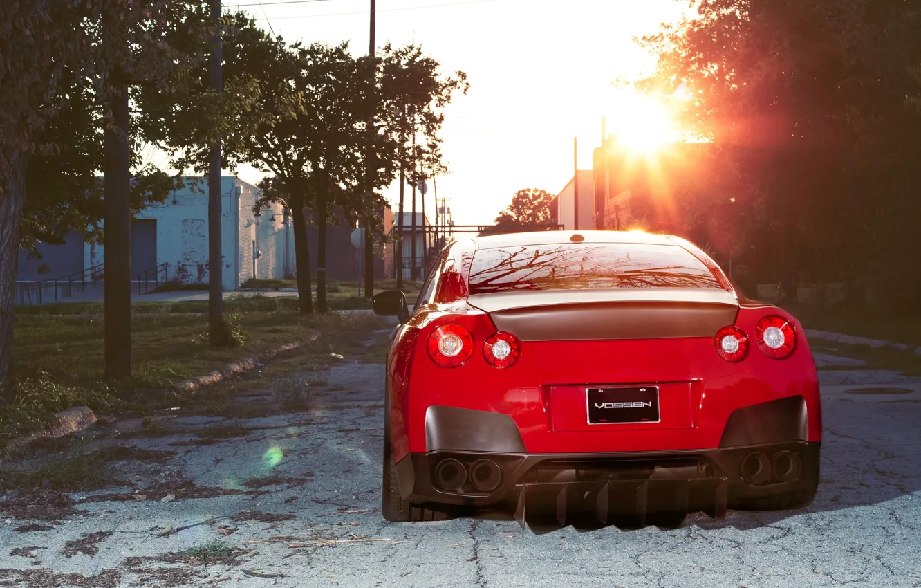 Photo wallpaper red, reflection, view, nissan, back, red, Nissan, gtr, street, gtr, r35